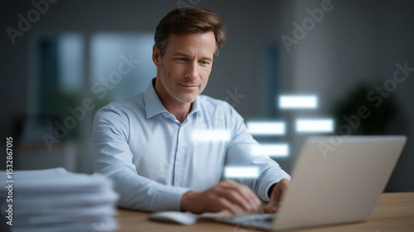 Fototapeta Focused Accountant Using Invoice Software Amidst Neat Paperwork