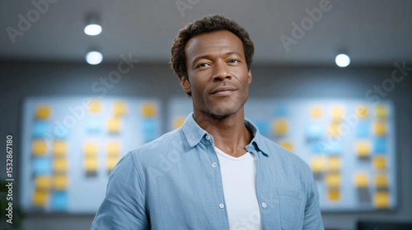 Fototapeta Focused African American Man Managing Projects with Colorful Task Boards