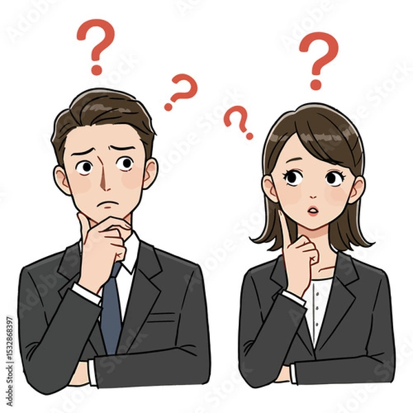 Fototapeta Two cartoon business people with questioning facial expressions stand sidebyside under red question marks