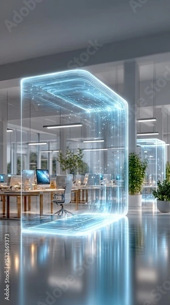 Fototapeta Enterprise dashboard with AI-driven task flows, Futuristic office space featuring holographic workstations. AI workflow automation in enterprise software for seamless operations