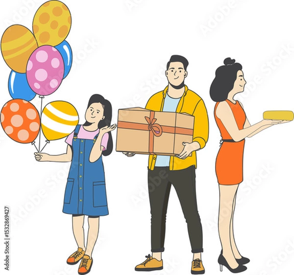 Obraz Parents and daughter are standing in flat design holding balloons, gift, cake, transparent backdrop