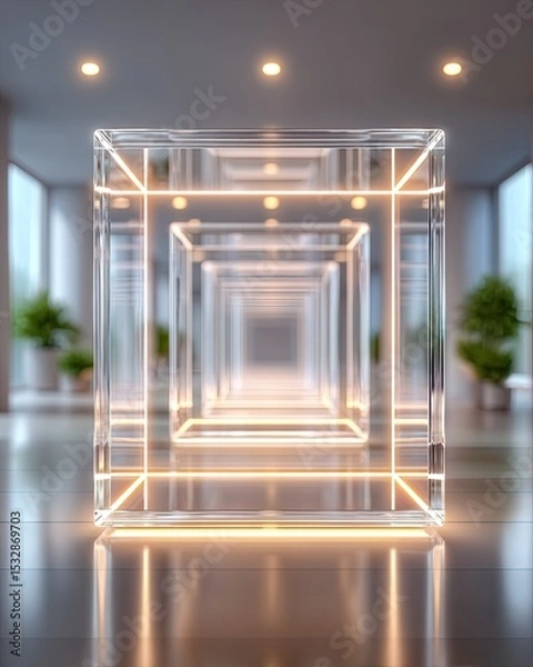 Obraz Enterprise dashboard with AI-driven task flows, Modern architectural design featuring a luminous glass cube. AI workflow automation in enterprise software for seamless operations