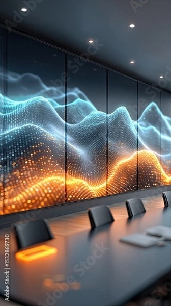 Obraz Enterprise dashboard with AI-driven task flows, Modern conference room with digital wave display and sleek design. AI workflow automation in enterprise software for seamless operations