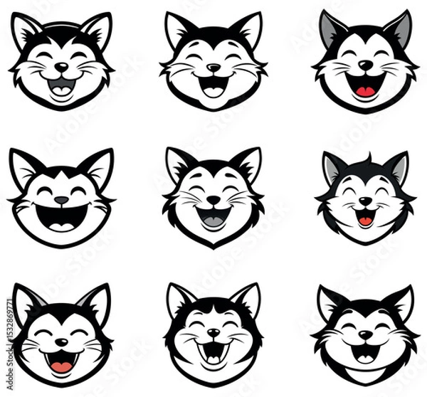 Fototapeta Happy Laughing Cat and Husky Mascot Head Vector Set