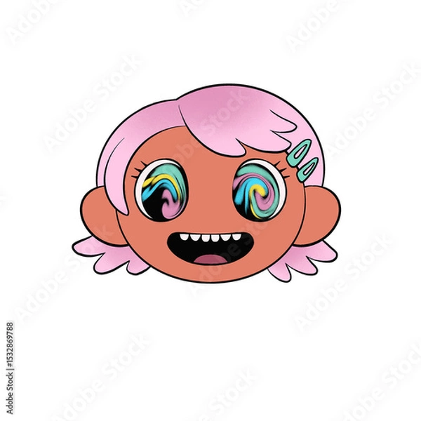 Obraz Flat cartoon head is floating on transparent background, featuring pastel pink hair and swirl eyes