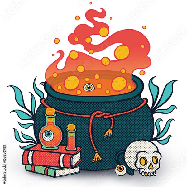 Fototapeta Stylized cauldron is bubbling orange brew with floating eyeball orbs, halftone, transparent canvas