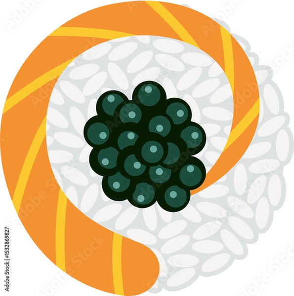 Fototapeta Flat design is showing sushi roll with rice, salmon yin-yang and roe on transparent background