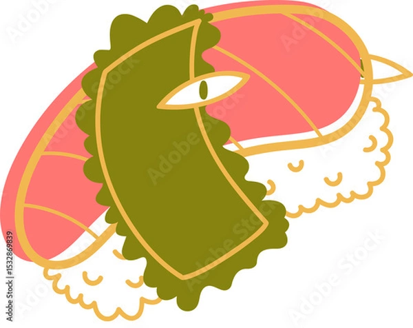 Fototapeta Flat sushi design is showing pink nigiri and seaweed roll with eye detail on transparent background