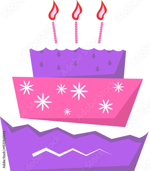 Fototapeta Flat three-tiered cake is showing on transparent background, zigzag icing and lit striped candles