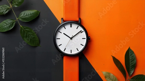 Fototapeta Stylish Watch Display with Green Leaves on Black and Orange Background, Product Photography, Modern Minimalist Style