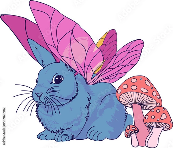 Fototapeta Flat blue butterfly-winged rabbit is resting on transparent background with three pink mushrooms