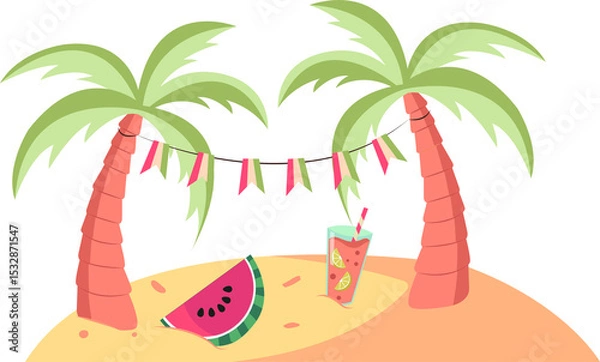 Fototapeta Flat design vignette is showing palms with pennant flags, watermelon, drink, transparent background