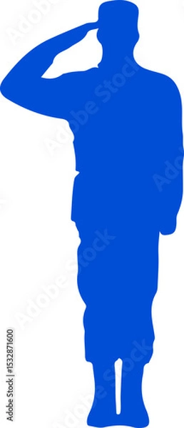 Fototapeta Blue silhouette of soldier figure is saluting and standing on transparent background, flat design