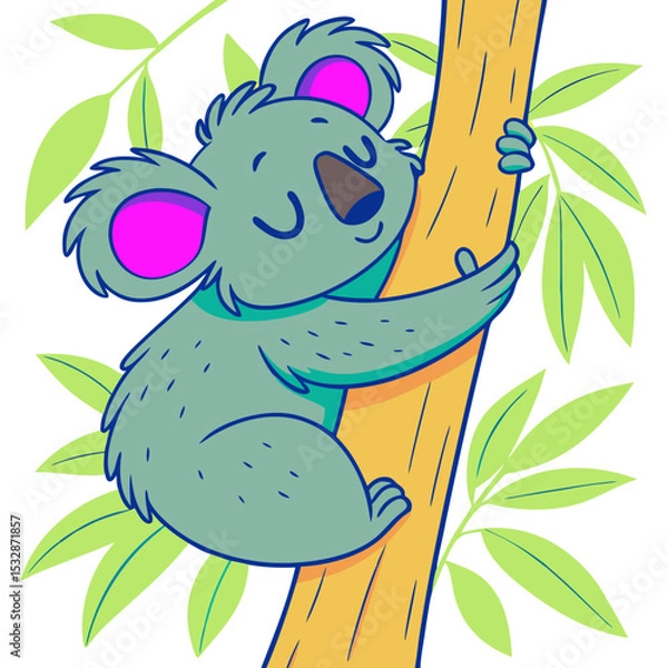 Obraz Cute cartoon koala sleeping on a tree with colorful leaves 