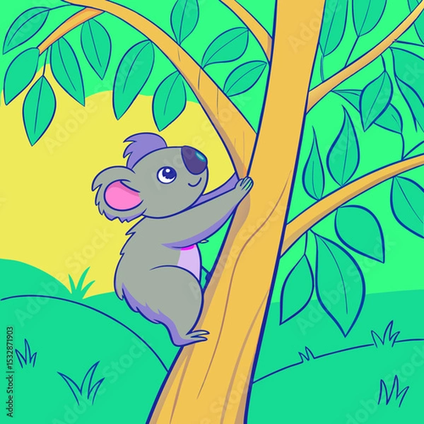Obraz Cartoon koala climbing a tree in a vibrant natural setting 