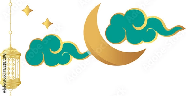Obraz Floating vector night motif with gold moon, lantern amid green clouds and stars on clear backdrop