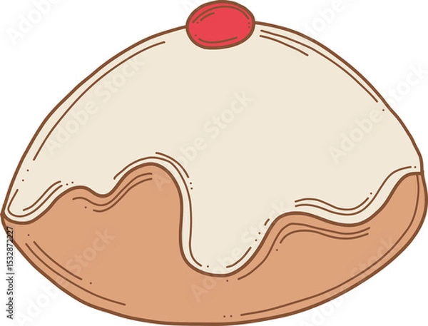 Fototapeta Stylized line-art pastry bun is floating on transparent background with white icing and red garnish