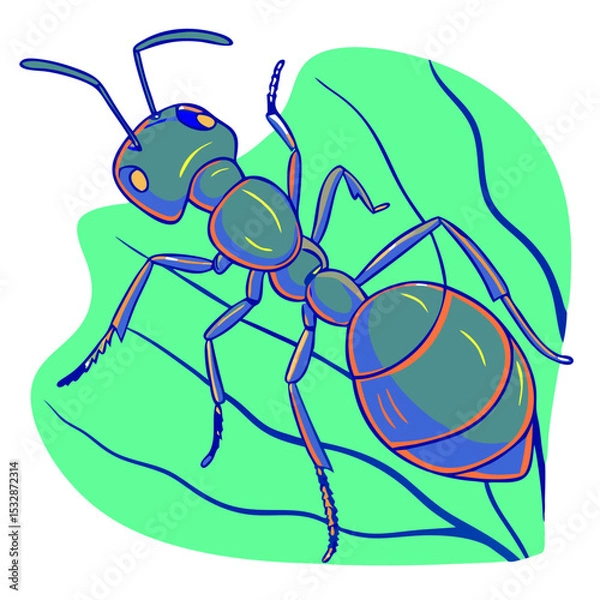 Obraz Cartoon ant resting on a leaf with a colorful background 