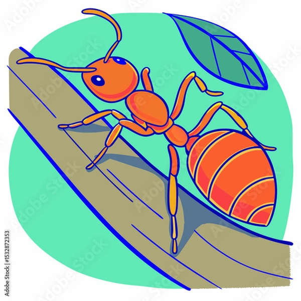 Obraz Cartoon ant climbing on a branch with a green background 