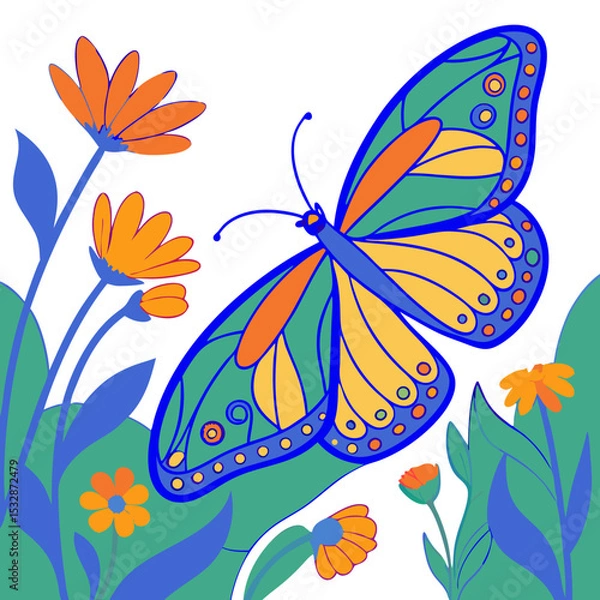 Obraz Vibrant butterfly flying among colorful flowers in a botanical scene 