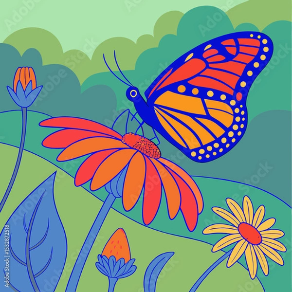 Obraz Colorful butterfly perched on a vibrant flower in a botanical garden 