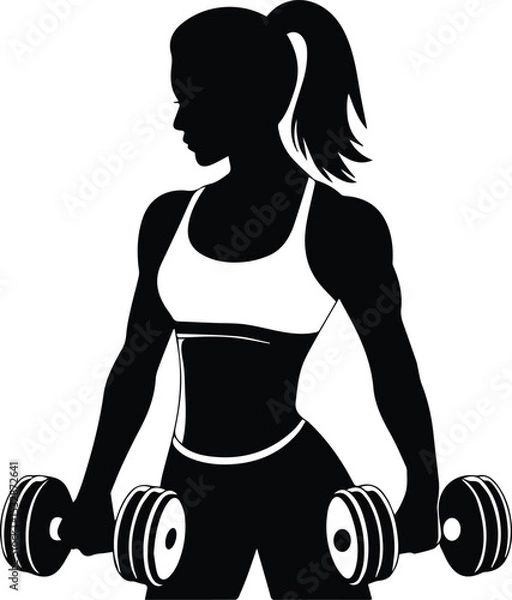 Fototapeta Woman exercise vector silhouette with dumbbell