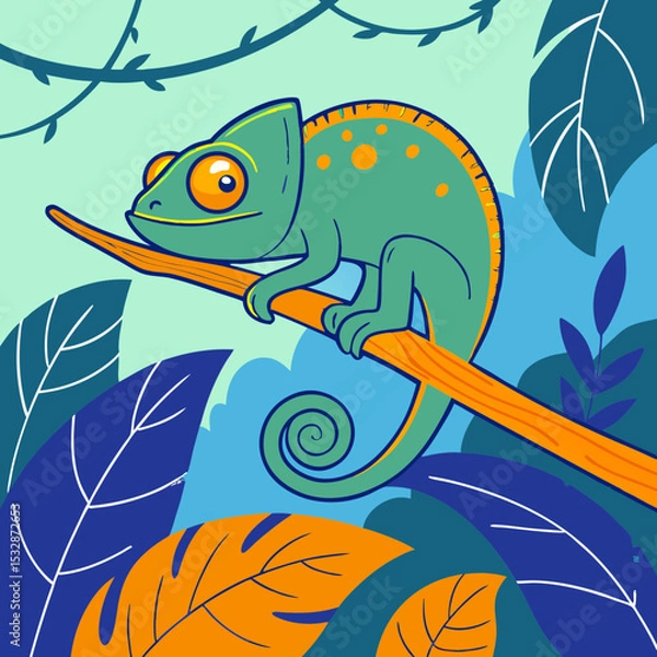 Obraz Cartoon chameleon sitting on a branch surrounded by colorful leaves 