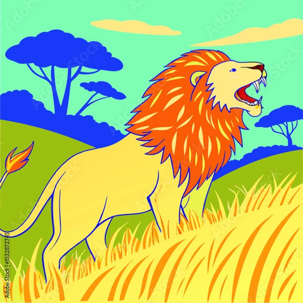 Obraz Cartoon lion roaring majestically in a savannah landscape 