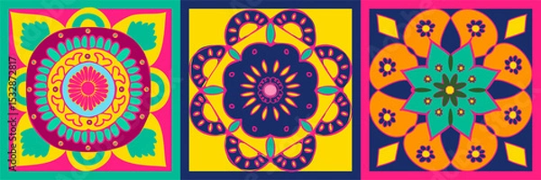 Obraz Three-panel flat vector graphic is displaying stylized floral mandalas on transparent background