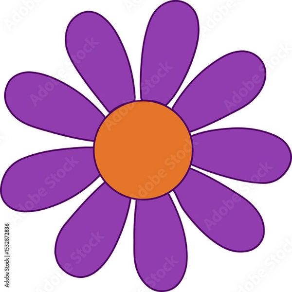 Fototapeta Daisy-like flower icon is showing flat purple petals and orange center on transparent background