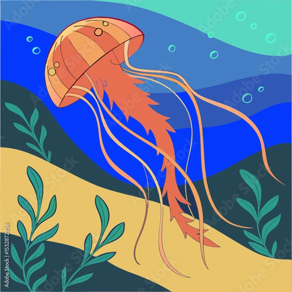 Obraz Colorful jellyfish swimming gracefully in the ocean with sea plants 