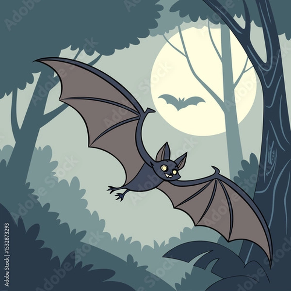 Obraz Cartoon bat flying against a full moon in a spooky forest 