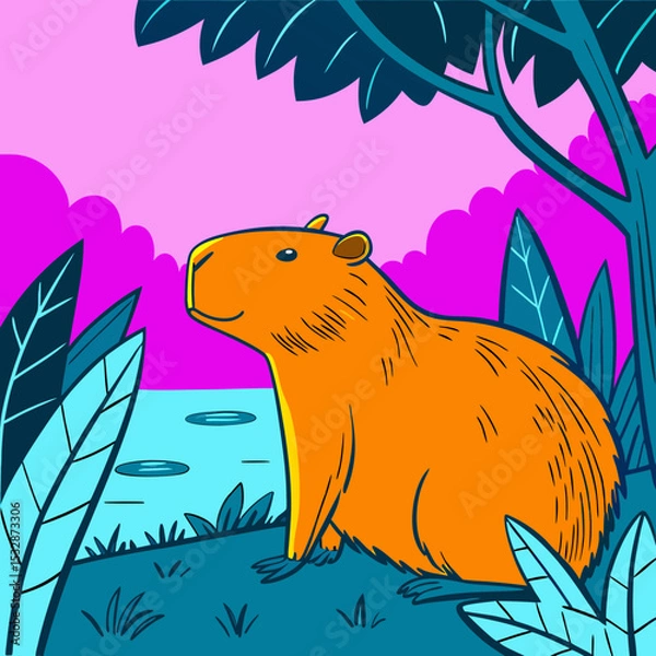 Obraz Cartoon capybara sitting in a colorful jungle setting 