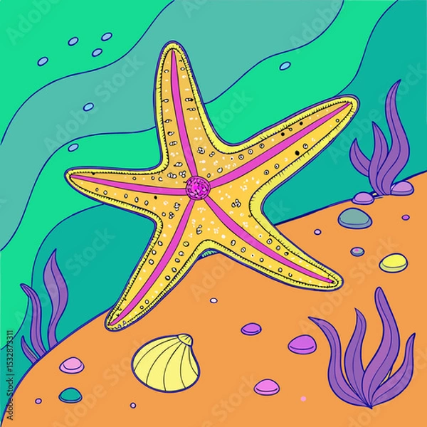 Obraz Cartoon starfish on the ocean floor with colorful sea plants 