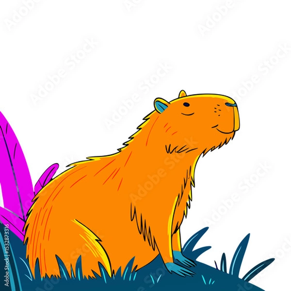 Obraz Cartoon capybara sitting peacefully in a colorful grassland 