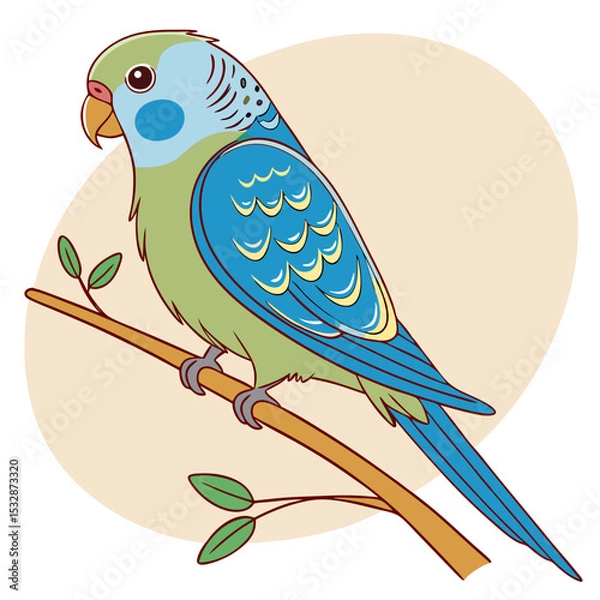 Obraz Cartoon budgerigar perched on a branch with a soft background 