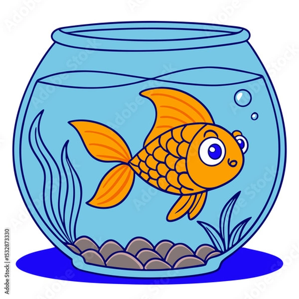 Obraz Cartoon goldfish swimming in a bowl filled with water and plants with no background