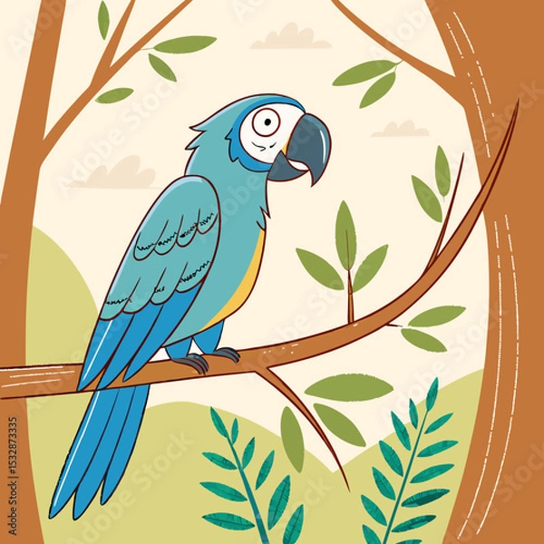 Obraz Cartoon parrot sitting on a branch in a colorful forest 