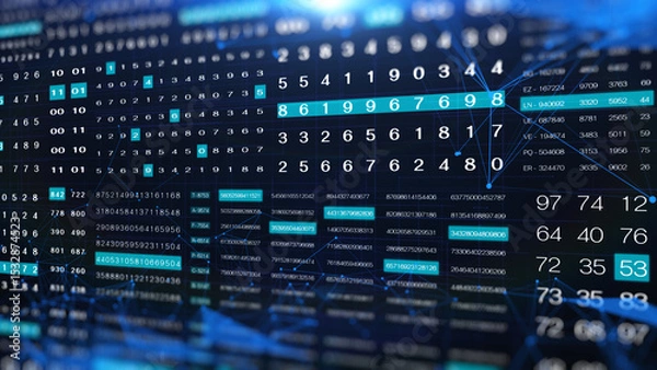 Fototapeta HUD Futuristic Digital Data Number Code Animation Perspective View With Low Poly illustration. Abstract Binary Decimal Number Monitor Display.