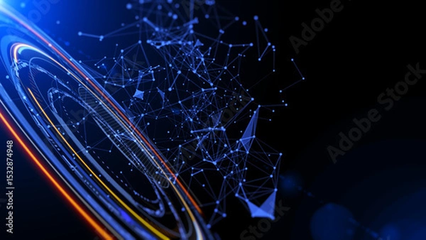 Fototapeta HUD GUI hologram circle rotating with data flowing connection technology system. Futuristic digital network processing information illustration background.