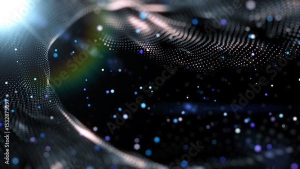 Fototapeta Technology digital futuristic wave and lens flare flowing with colorful particles illustration background
