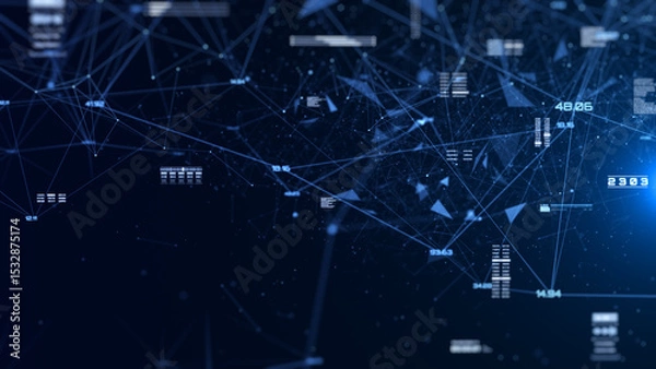 Fototapeta Futuristic Technology Background Design. Plexus Digital Blue Color Dots, Line, Triangle, Binary Number Data Flowing Connection Structure on HUD System. Abstract 3D Illustration.
