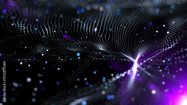 Fototapeta Technology digital futuristic wave and lens flare flowing with colorful particles illustration background