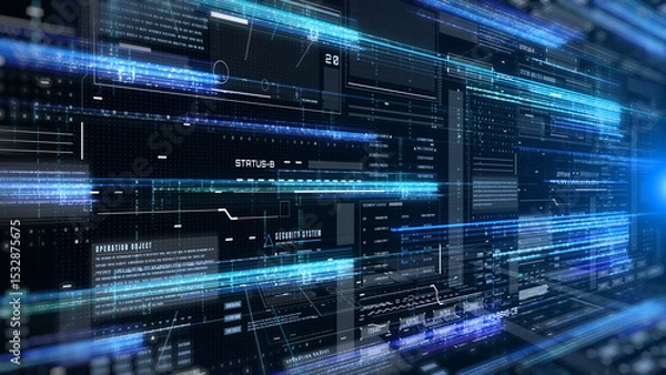 Fototapeta Technology digital grid line hologram big data landscape view concept. HUD UI system hologram, ai construction illustration background