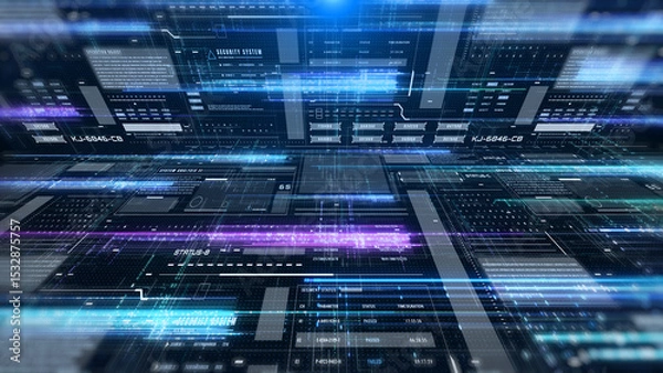 Fototapeta HUD futuristic with glow stream line data transfer communication cyber space dashboard. Digital technology big data analysis illustration platform.