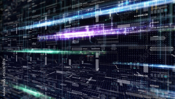 Fototapeta Technology digital glow line hologram perspective view concept. HUD UI system hologram, ai construction illustration background
