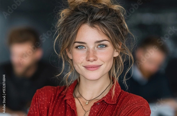 Fototapeta Portrait of a beautiful woman with messy bun hairstyle smiling at the camera view