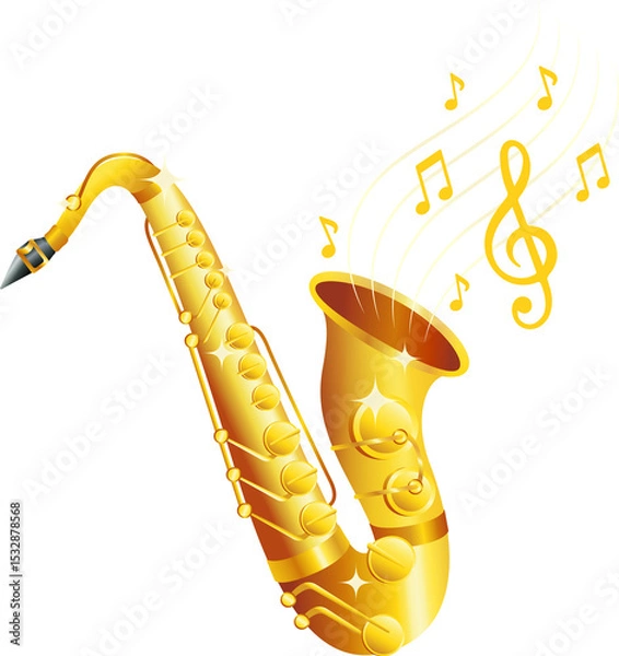 Fototapeta Flat golden saxophone is tilting on transparent background, emitting staff lines, notes and clef