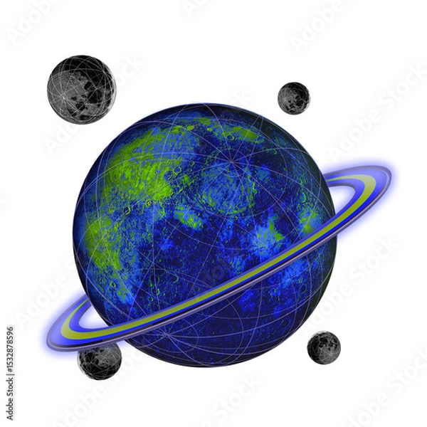 Fototapeta Flat design showing four wireframe moons orbiting planet with gridlines, ring, transparent backdrop