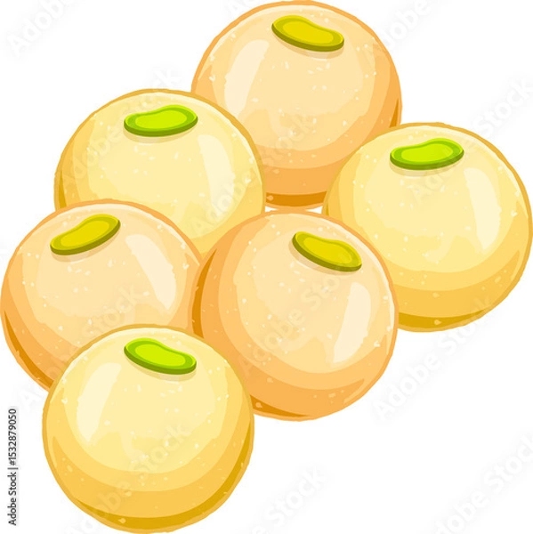 Obraz six yellow round sweets are floating on transparent background in flat style with green toppings